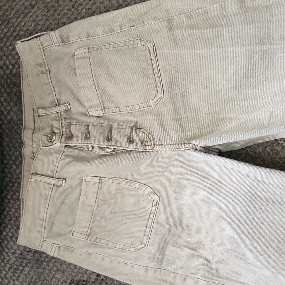 American Eagle Wide Leg Crop High Rise Jeans Olive Sage Green Button Fly Size 2